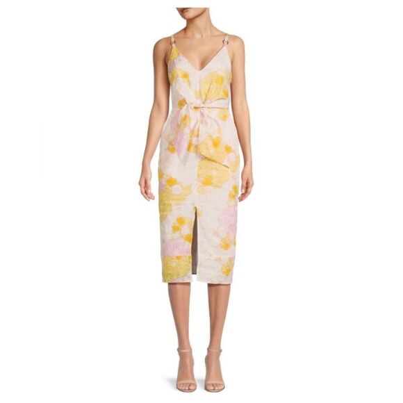 REISS Kay Linen Tie Front Midi Dress In Yellow NWT - Picture 14 of 14